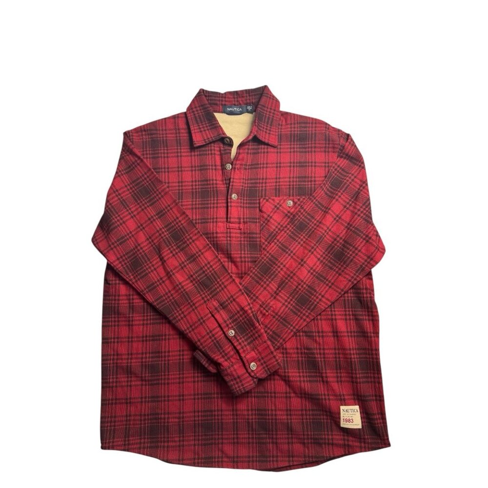 Vintage Nautica Men's 1983 Red and Black Long‎ Sleeve Polo Medium